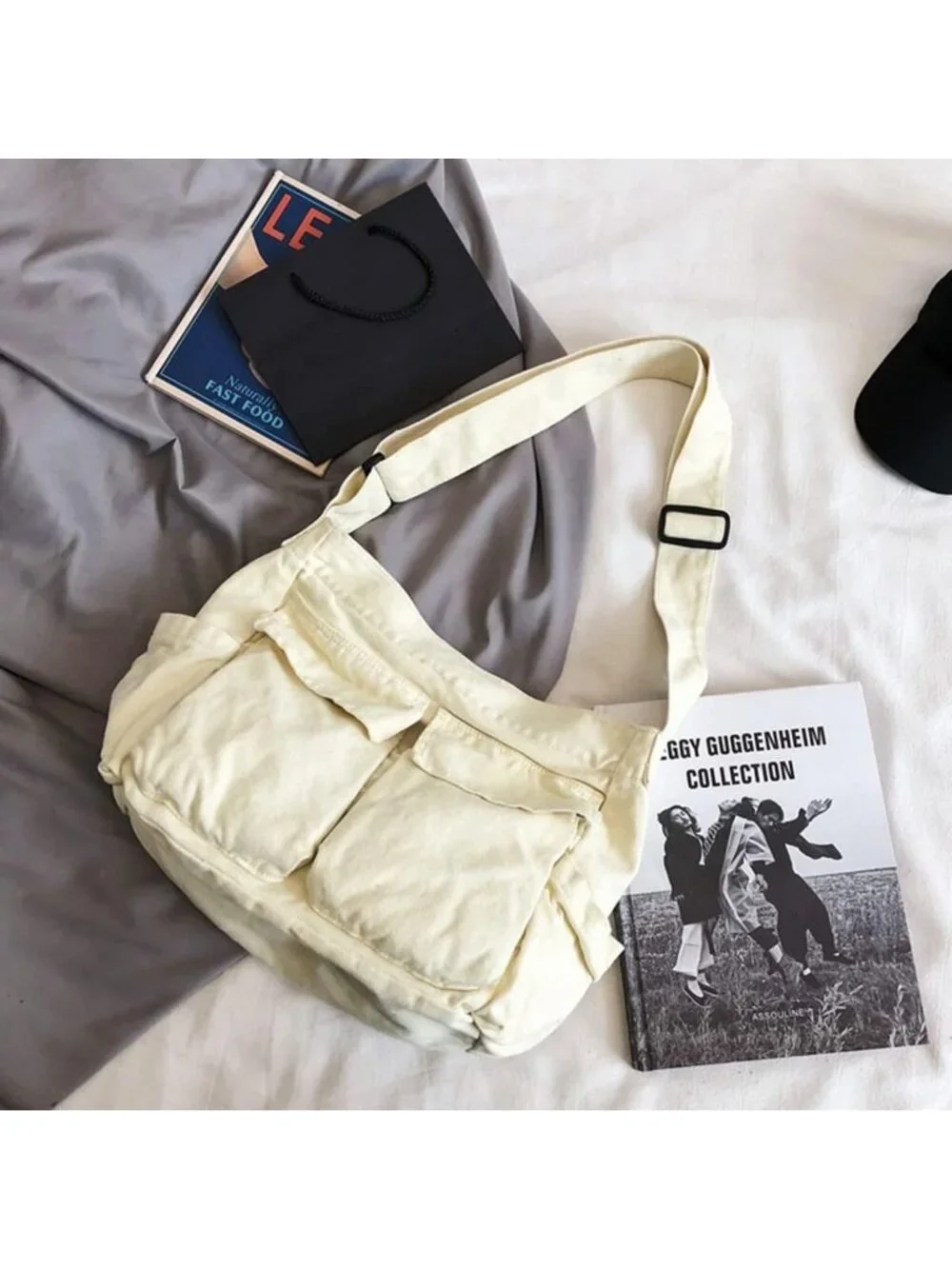 Women's White Travel Canvas Zipper Crossbody Shoulder Laptop Bag